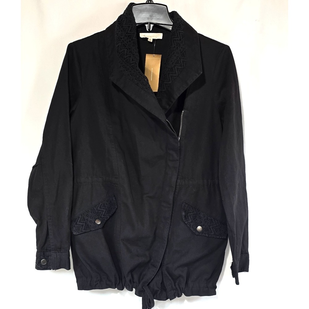 Francesca's Women's Black Utility Jacket Small‎ Lace Trim Drawstring Hem NWT